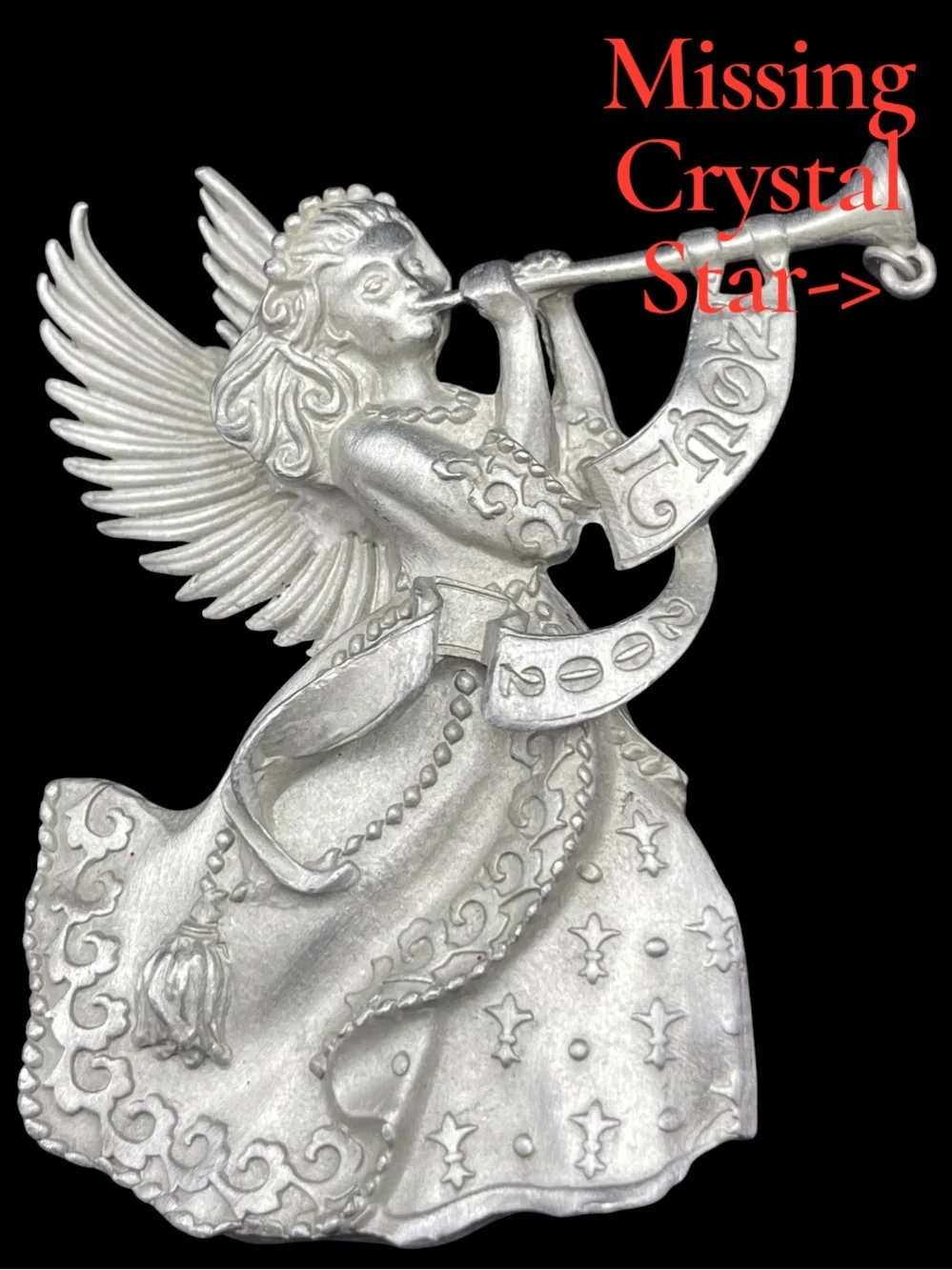 VTG Avon Annual Solid Pewter Ornament:  Year “2002” Christmas Angel Noel Trumpet